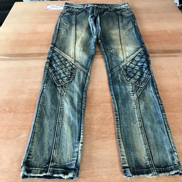 Sosoo Jeans Men 31 Blue Knee Patch Mid Rise Distressed Stretch Biker Streetwear - Picture 1 of 10